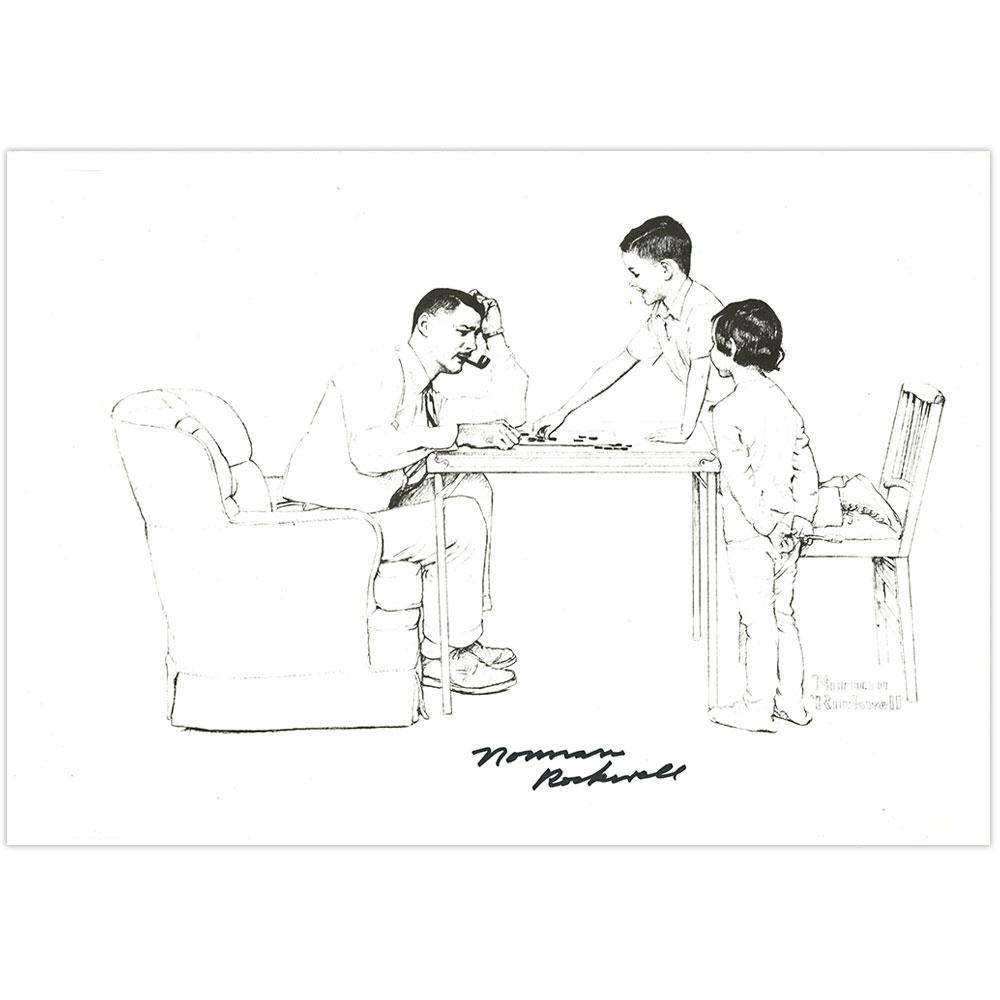 Father and Son Playing Checkers Signed Print