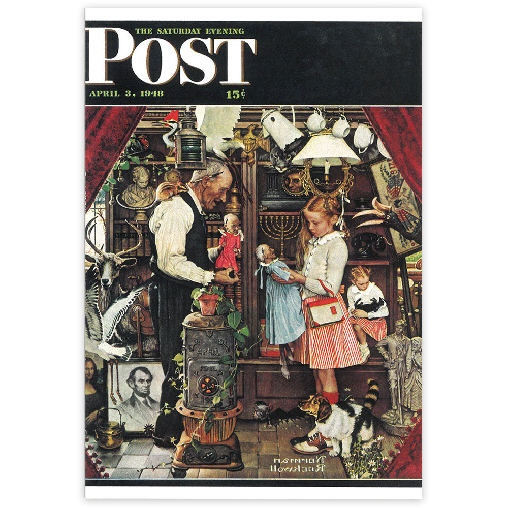 April Fool (Girl with Shopkeeper, Curiosity Shop) Postcard