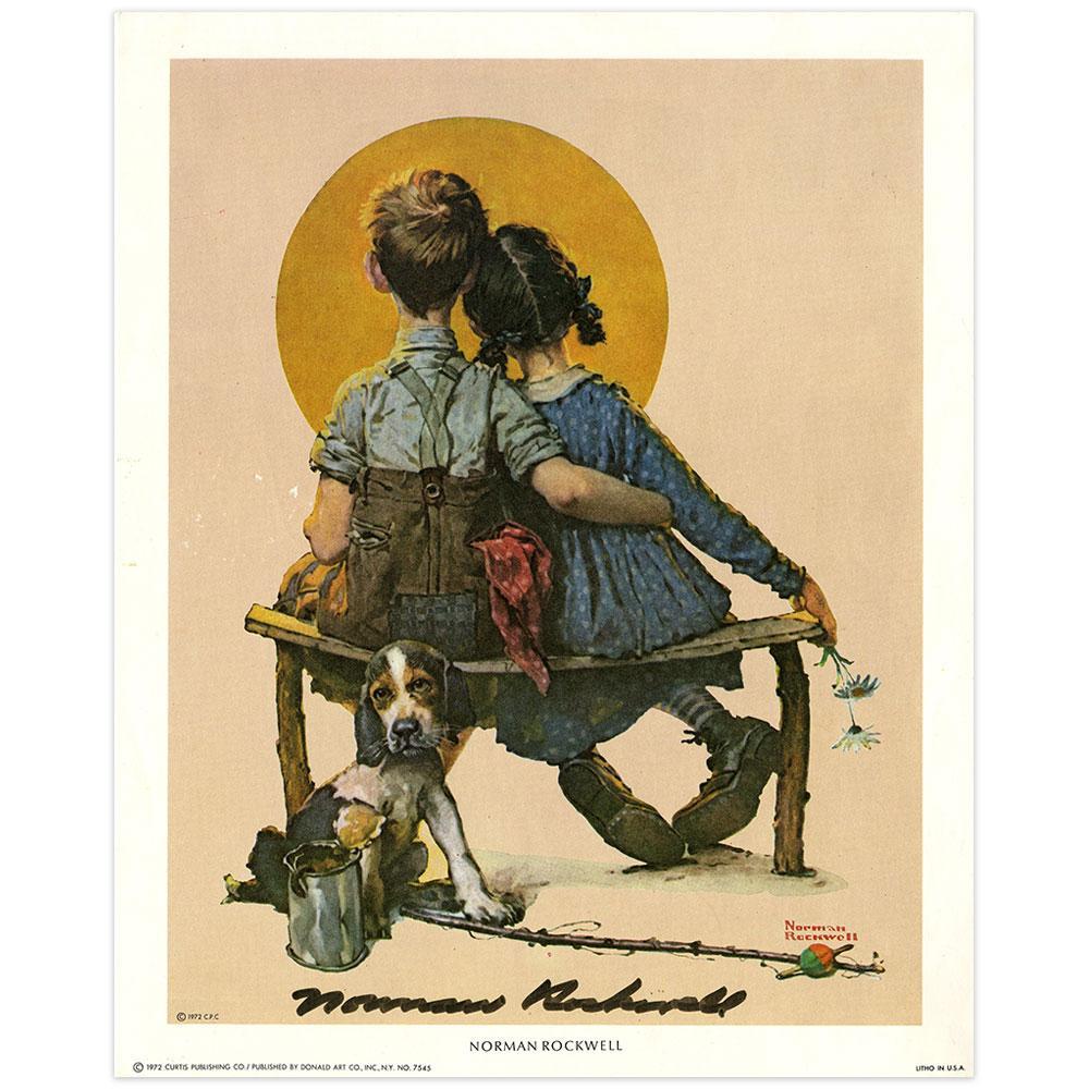 Sunset (Boy and Girl Gazing at Moon, Puppy Love) Signed Print