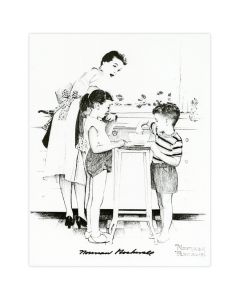 Mother with Two Children in Kitchen Autographed Print